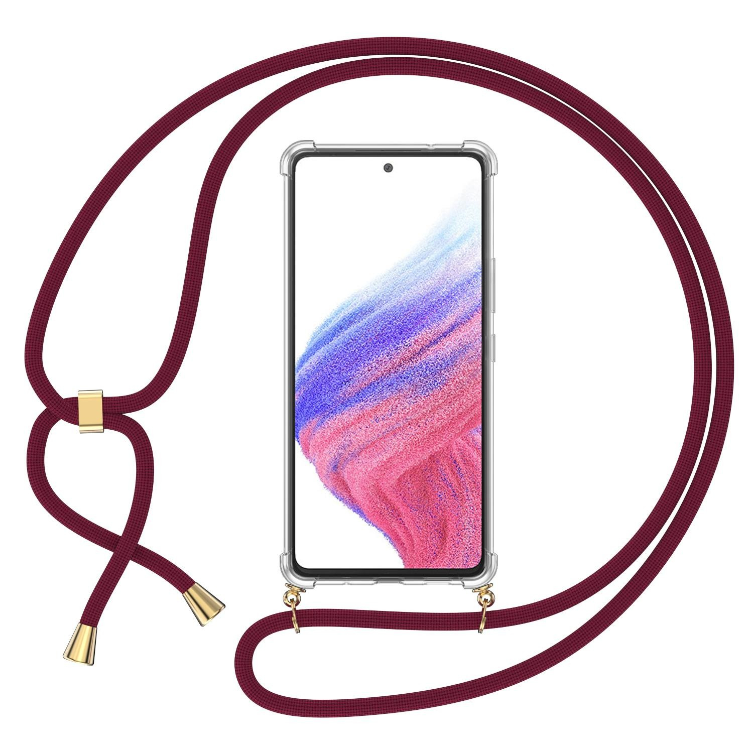 Samsung Galaxy A54 5G Necklace Gummi Hülle Air Cushion Fallschutz   Handykette (150cm) - Dunkelrot / Gold