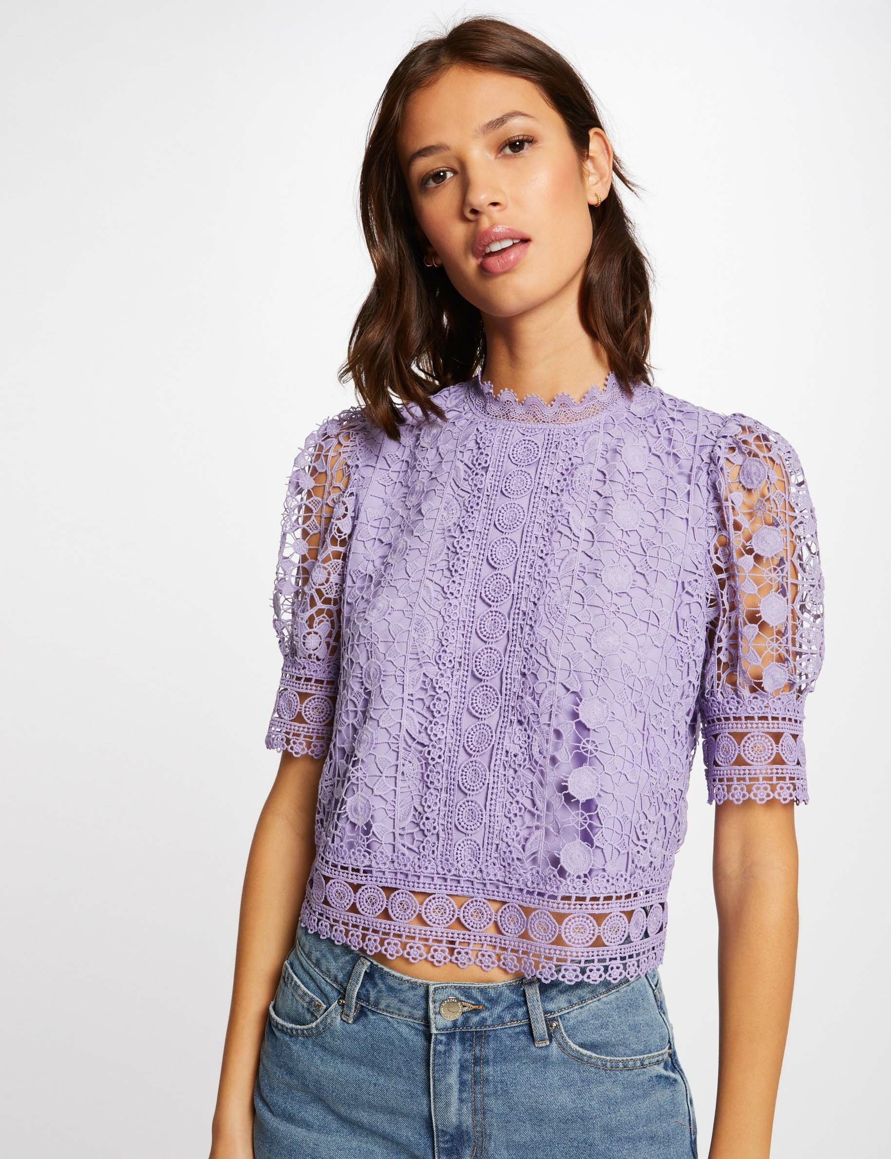 Blouse manches courtes en dentelle violet femme - violet