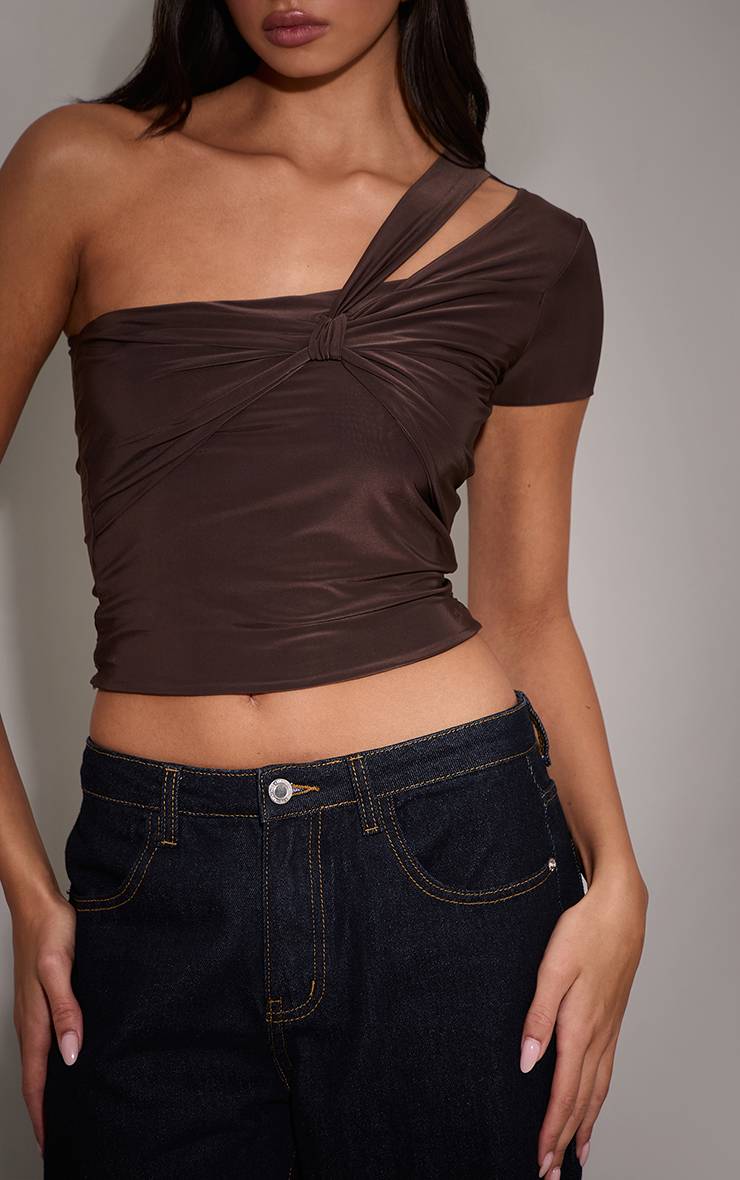 Chocolat Top Asymétrique Une Épaule À Détail Buste Drapé Double Couche Slinky