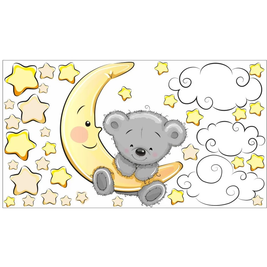 Nikima Wandtattoo 064 Wandtattoo Teddy auf Mond Wolken Sterne schläft gelb