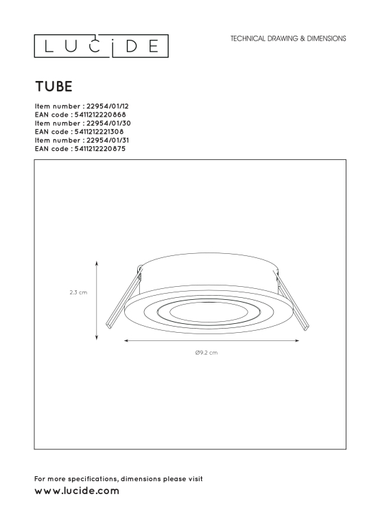 Lucide Tube 1 spot inbouw Ø9 wit
