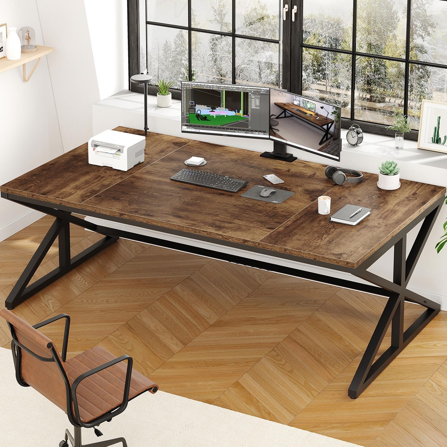 IBF Schreibtisch Holz Industrieller Computertisch für Homeoffice Großer Schreibtisch für 2 Personen Dual Monitor Arbeit Modern Metall PC Studien Schreib Tisch Rustikal Braun 180 x 80 cm