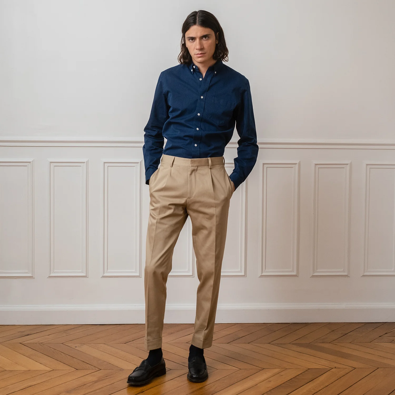 Beige cotton pleated pants