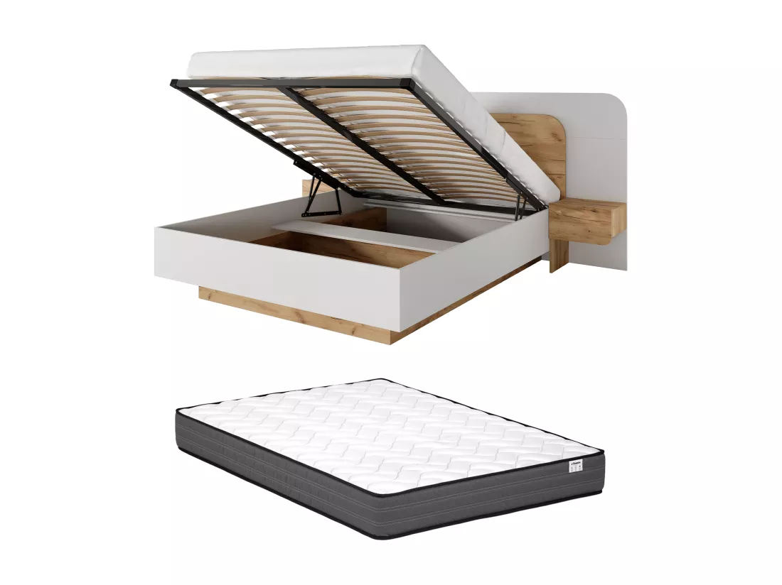 Lit coffre avec chevets 160 x 200 cm - Avec LEDs - Coloris : Naturel et blanc + Matelas - DESADO
