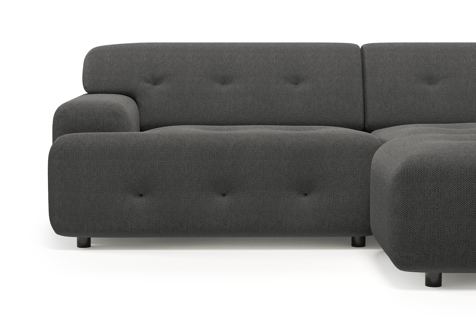 Bob sofa 1,5-seter med sjeselong høyre. Tekstil Mito 169 Antracite med sorte ben.
