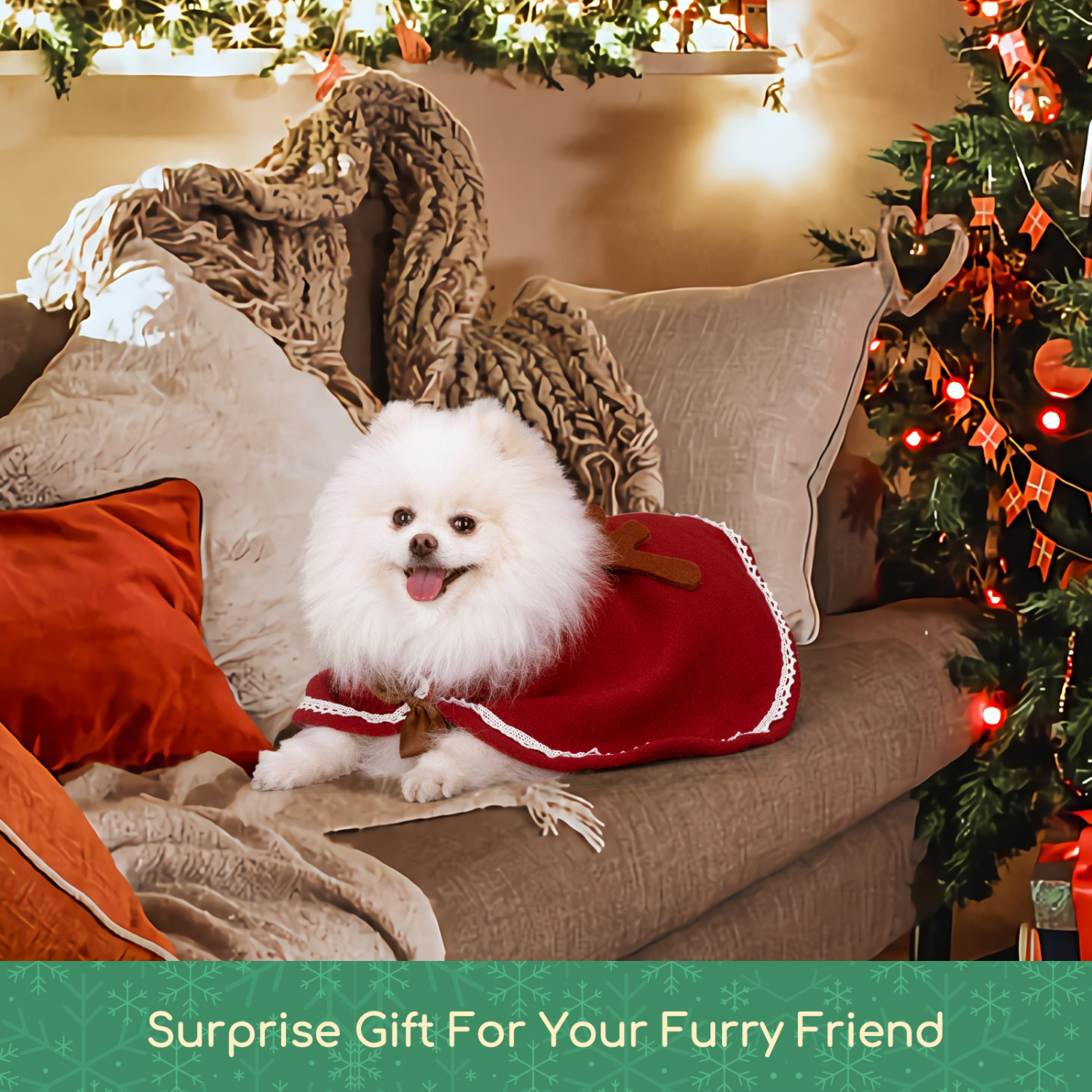 Roupa de Natal Nobleza para Cães, Conjunto Natalino para Cães, Capa e Chapéu de Natal Fofos para Cães, Ideal para Natal, Festas e Aniversários. Tamanho G - 45 cm