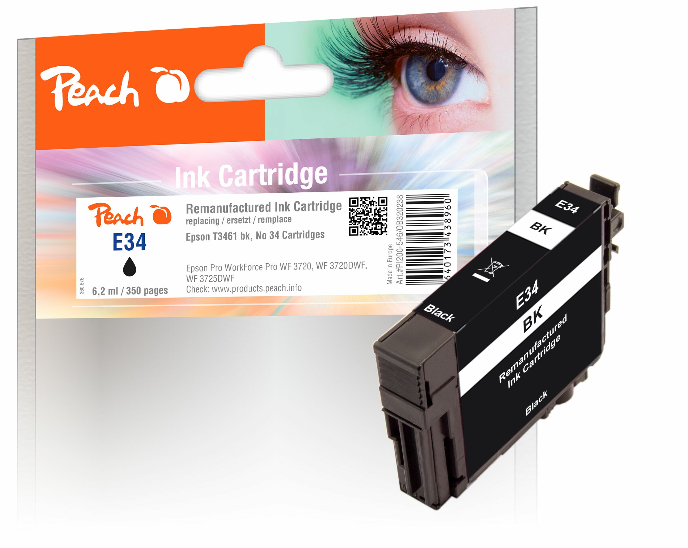 Peach E34Druckerpatrone bk ersetzt Epson T3461, No. 34 bk, C13T34614010 für z.B. Epson WorkForce Pro WF -3700, Epson WorkForce Pro WF -3720 DW (wiederaufbereitet)