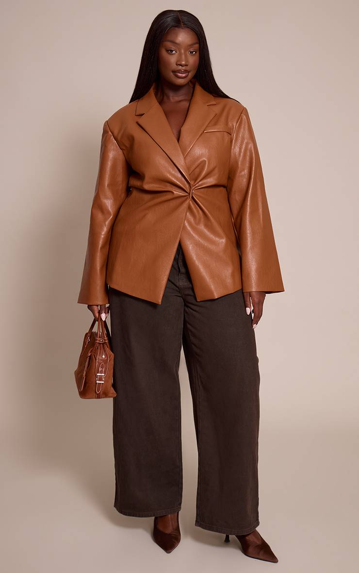Marron Blazer Grande Taille En Synthétique Avec Taille Cintrée