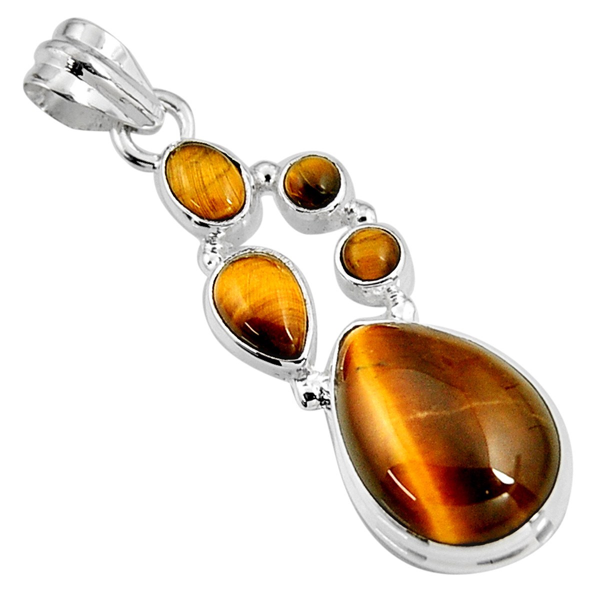 Pendentif fantaisie serti de 5 oeil de tigre marron et argent + chaine 3,5cm gxi234
