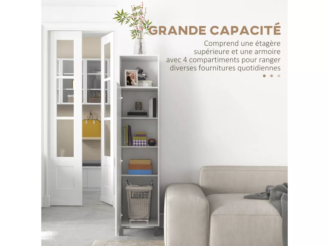 Armoire colonne meuble de rangement avec niche supérieure et placard 3 étagères intérieures - 40 x 35 x 177 cm - blanc