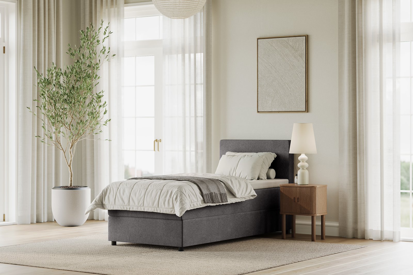 Premium 10 oppbevaringsseng 120x200 cm Magasinseng med oppbevaring, åpnes fra siden. I tekstil storm 97 grå, med medium fasthetsgrad og premium 10 overmadrass,sorte ben. Sengegavl selges separat.