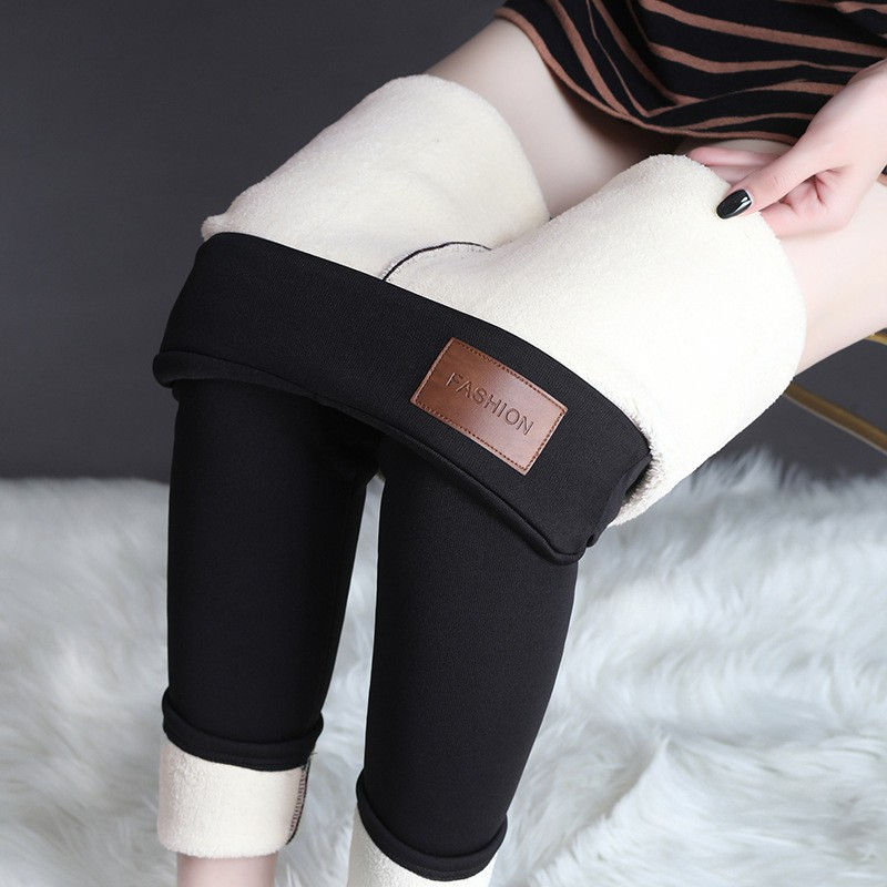 (Gr. S-M) Flauschige Winter Leggings Gefütterte Fell Hosen mit Innenfleece - Schwarz