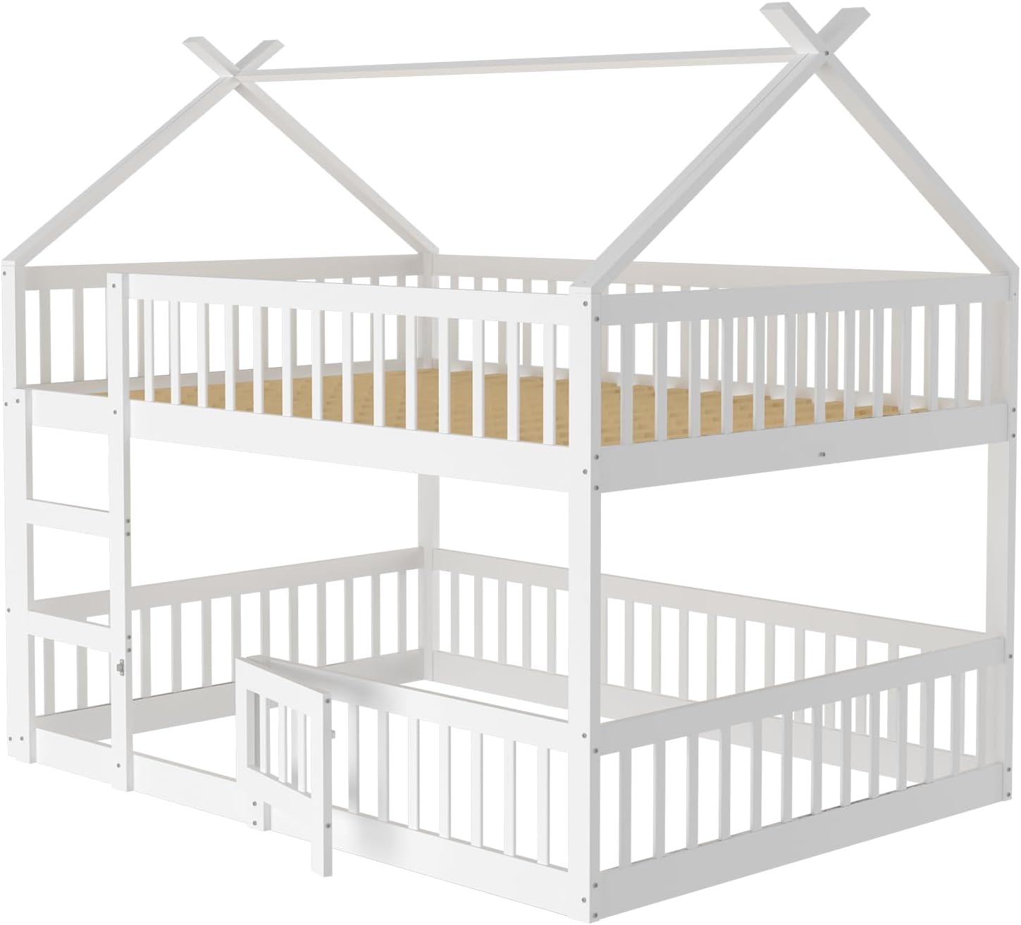 Merax Etagenbett 140 x 200 cm, Multifunktionales Etagenbett Kinderhaus mit Treppen, Vollholzrahmen, Weiß (ohne Matratze)