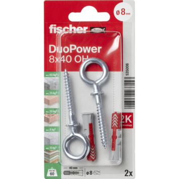 Fischer Universeelplug DuoPower 8x40mm met ooghaak 2 stuks