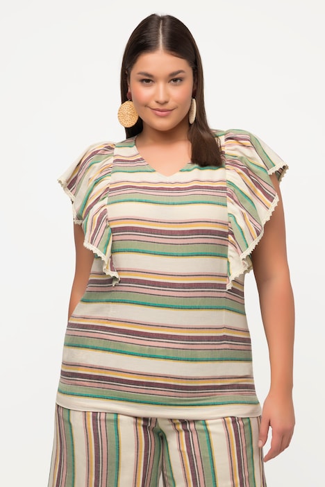 Bluse, Streifen, V-Ausschnitt, Halbarm, Biobaumwolle