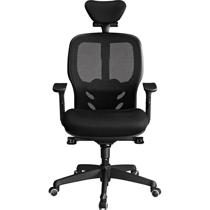 Chaise de bureau ergonomique Mikado tissu et maille noir - dossier haut accoudoirs appui-tête soutien lombaire - mécanisme Synchrone - pieds noir