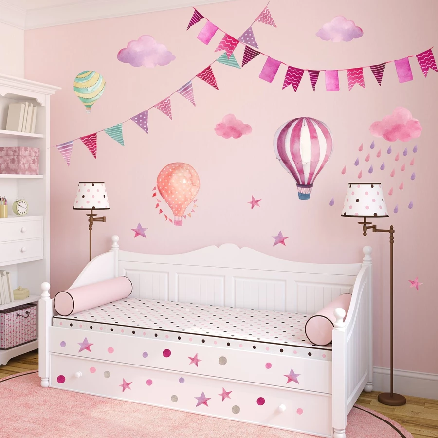 Nikima Wandtattoo 015 Wandtattoo Girlande Wimpelkette Ballon Wolke Regen Sterne rosa pink lila rosa