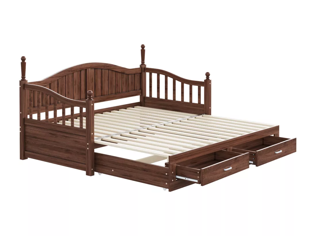 Canapé-lit pliant en bois massif 90/180x200 cm avec colonnes romaines et 2 tiroirs - Marron