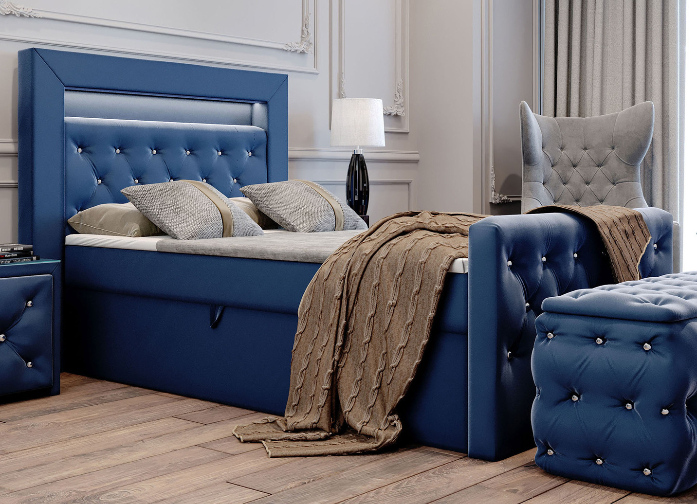 Boxspringbett mit LED-Beleuchtung und Topper