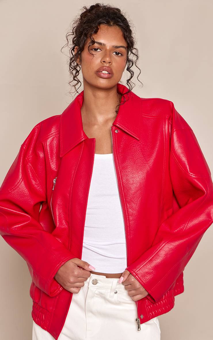 Rouge Veste Oversize En Synthétiquecuir À Patte De Boutonnage Dissimulée