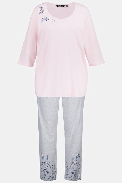 Pyjama, Vögel, Ziersteine, Rundhals, 3/4-Arm