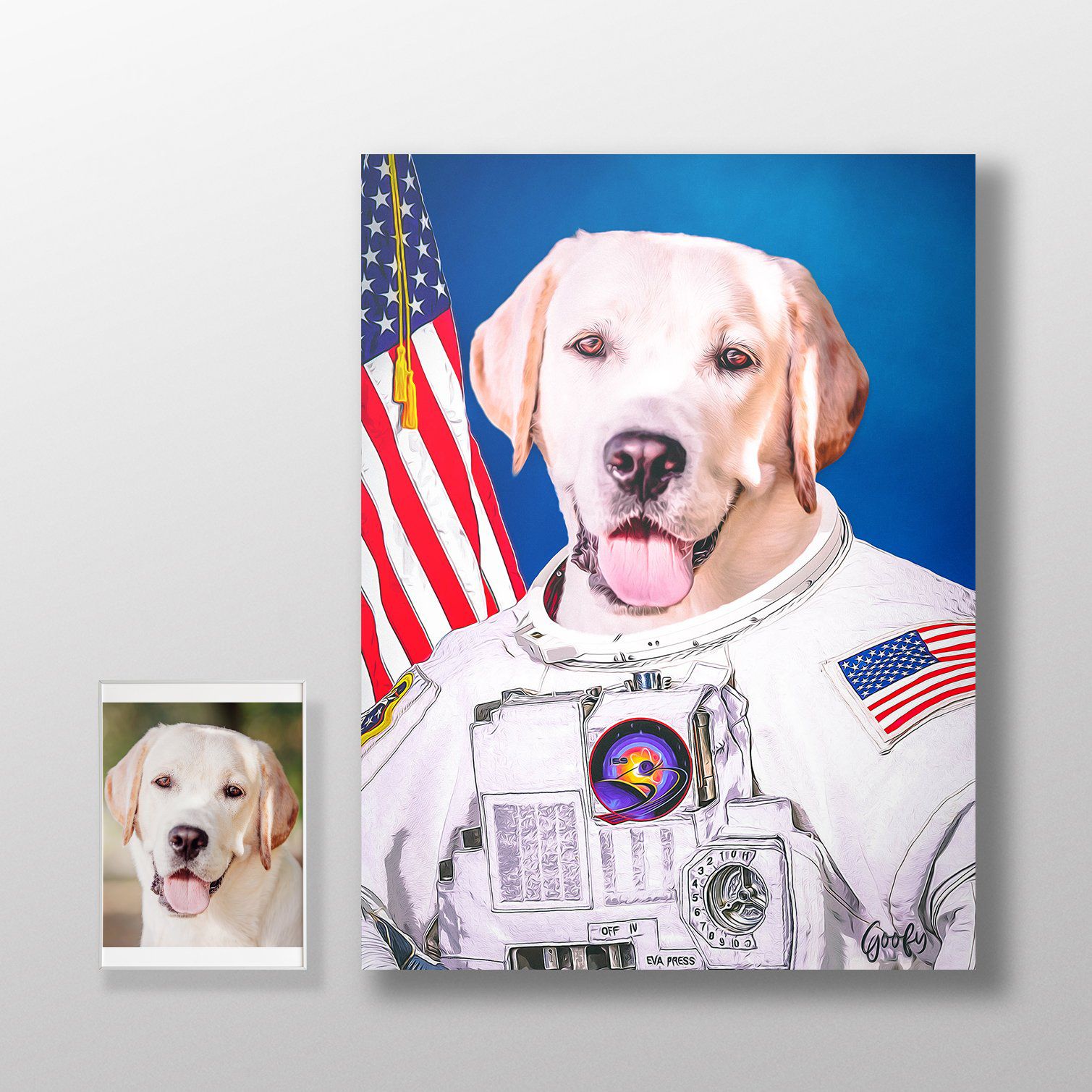 Retrato personalizado do seu animal de estimação com tema de astronauta.