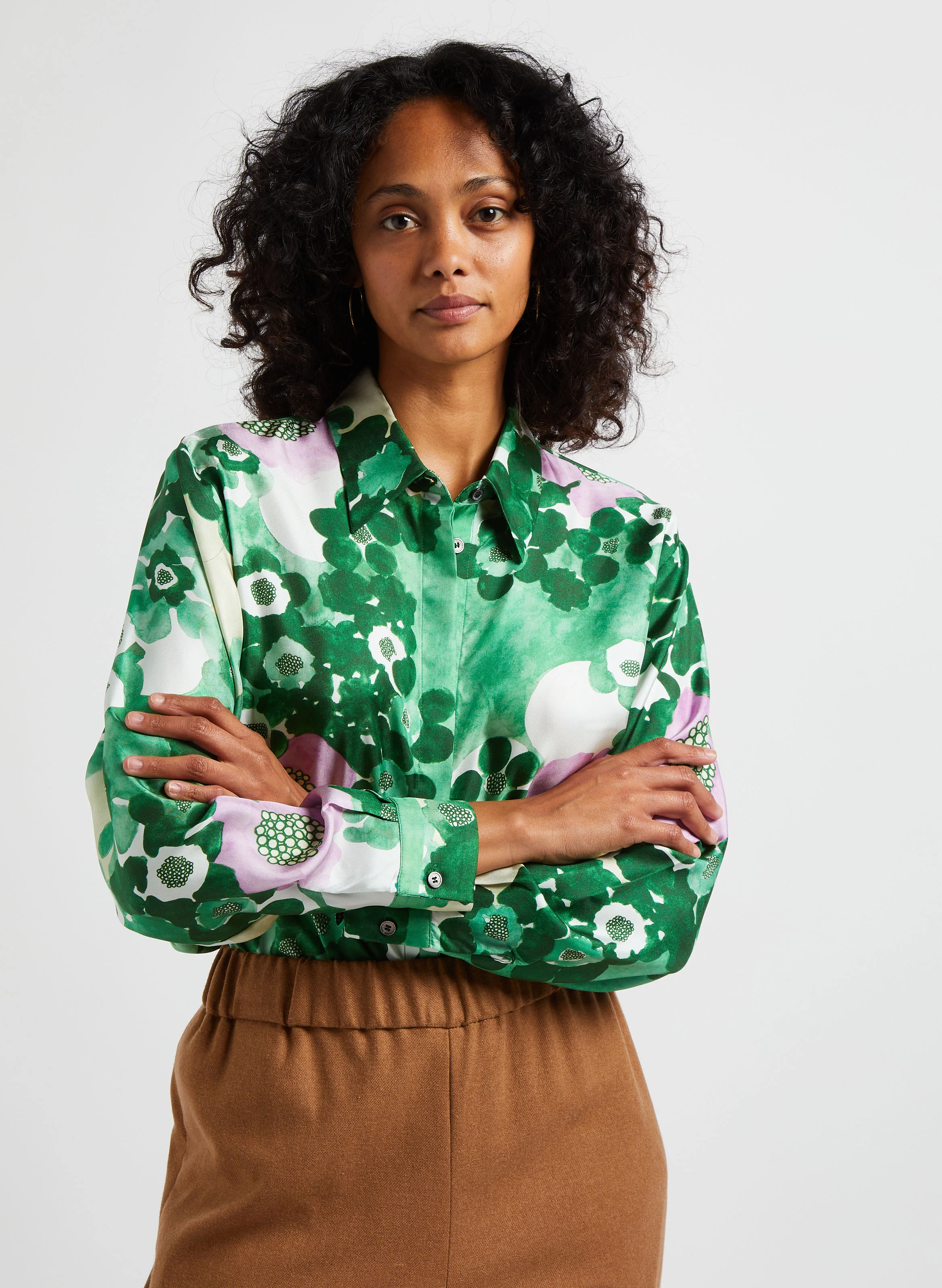 GINA - Chemise col classique imprimé floral en soie | Vert