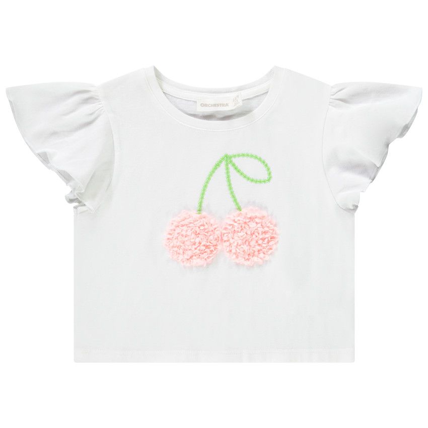 T-shirt manches courtes print cerises effet pétales 3D pour fille - Blanc