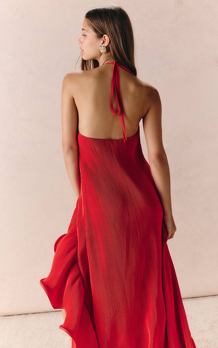 Rouge Robe Longue En Satin Plissé Avec Détail De Volants