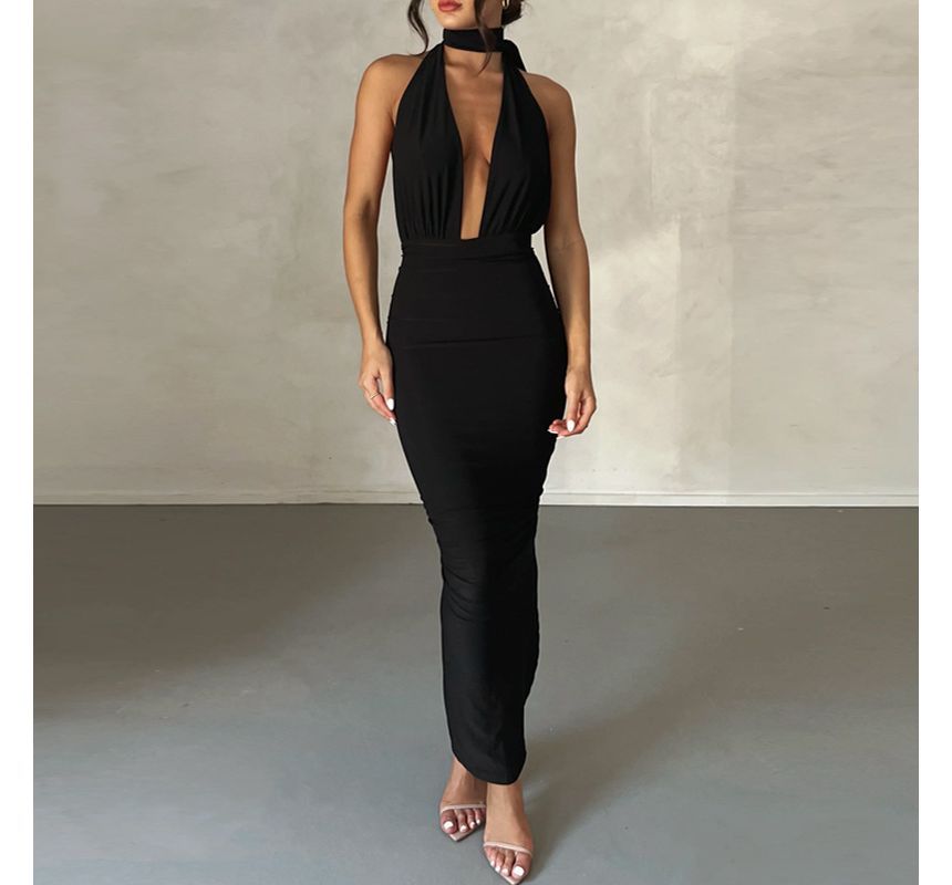 Sheparon - Strappy V-hals maxi bodyconjurk met open rug en split