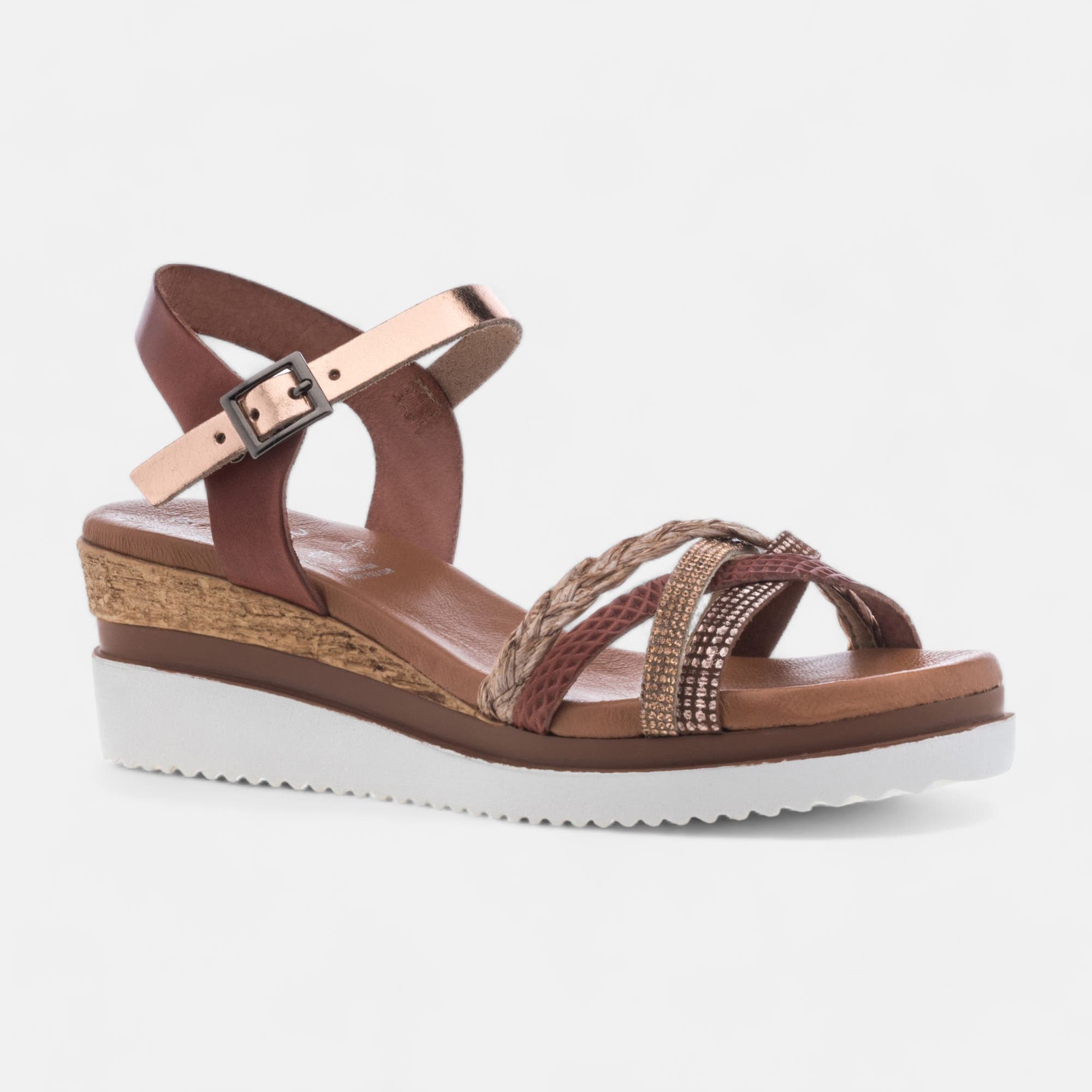 Sandales à talon compensé Femme en cuir cognac