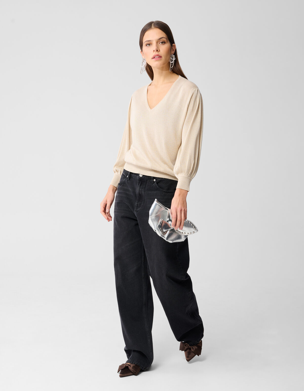 Glitter V-hals Trui Zand