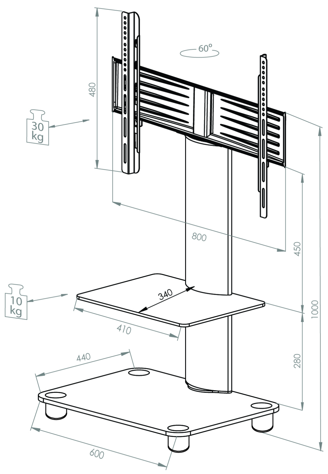 TV-Rack - silber - Mattglas - mit Zwischenboden - für 32-70 Zoll - 60 cm breit