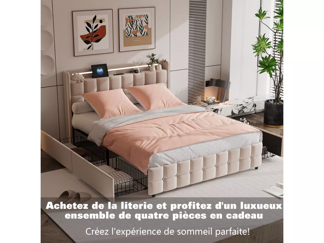 Parure de lit 3 pièces, d'oreiller*2(80 x 80),drap-housse(140 x 200)+housse de couette(140 x 210),Blanc+Rose,polyester