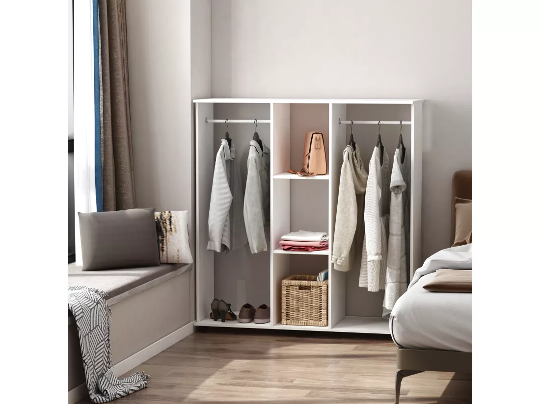 Armoire penderie meuble de rangement mobile 6 roulettes 120L x 40l x 128H cm panneaux de particules aspect bois blanc