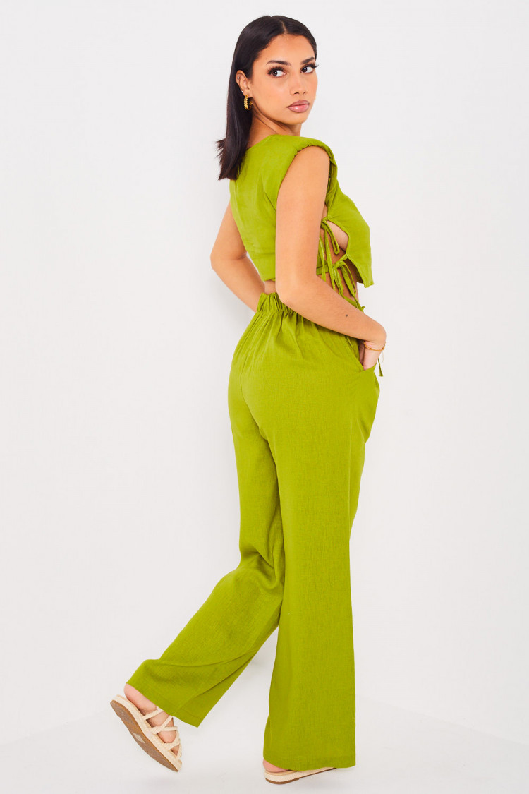 Ensemble 2 pièces crop top + pantalon vert en lin