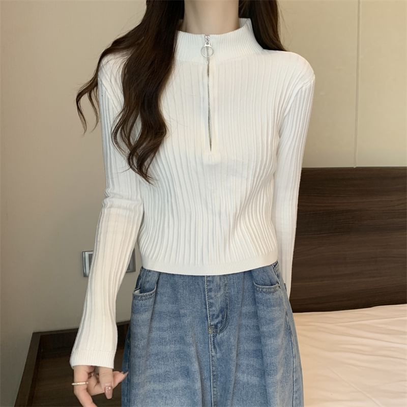 LINSI - Lange mouwen, getailleerd, effen, slim-fit gebreide top met halve rits