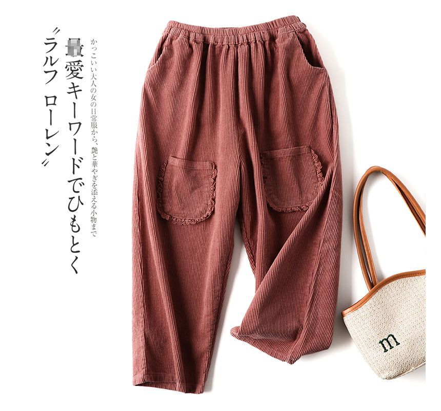 CosmoCorner - Corduroy cropped losse broek met bloemenborduursel