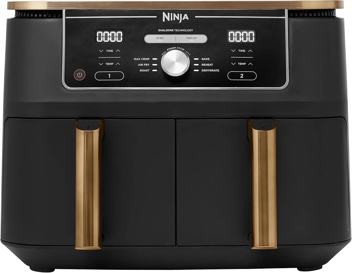 Ninja Foodi MAX Dual Zone Heißluftfritteuse, 9,5L Airfryer, 2 Fächer, mit Zange, Antihaftbeschichtung, spülmaschinenfeste Körbe, 6-in-1, Amazon Exklusiv, Kupfer/Schwarz, AF400EUCP