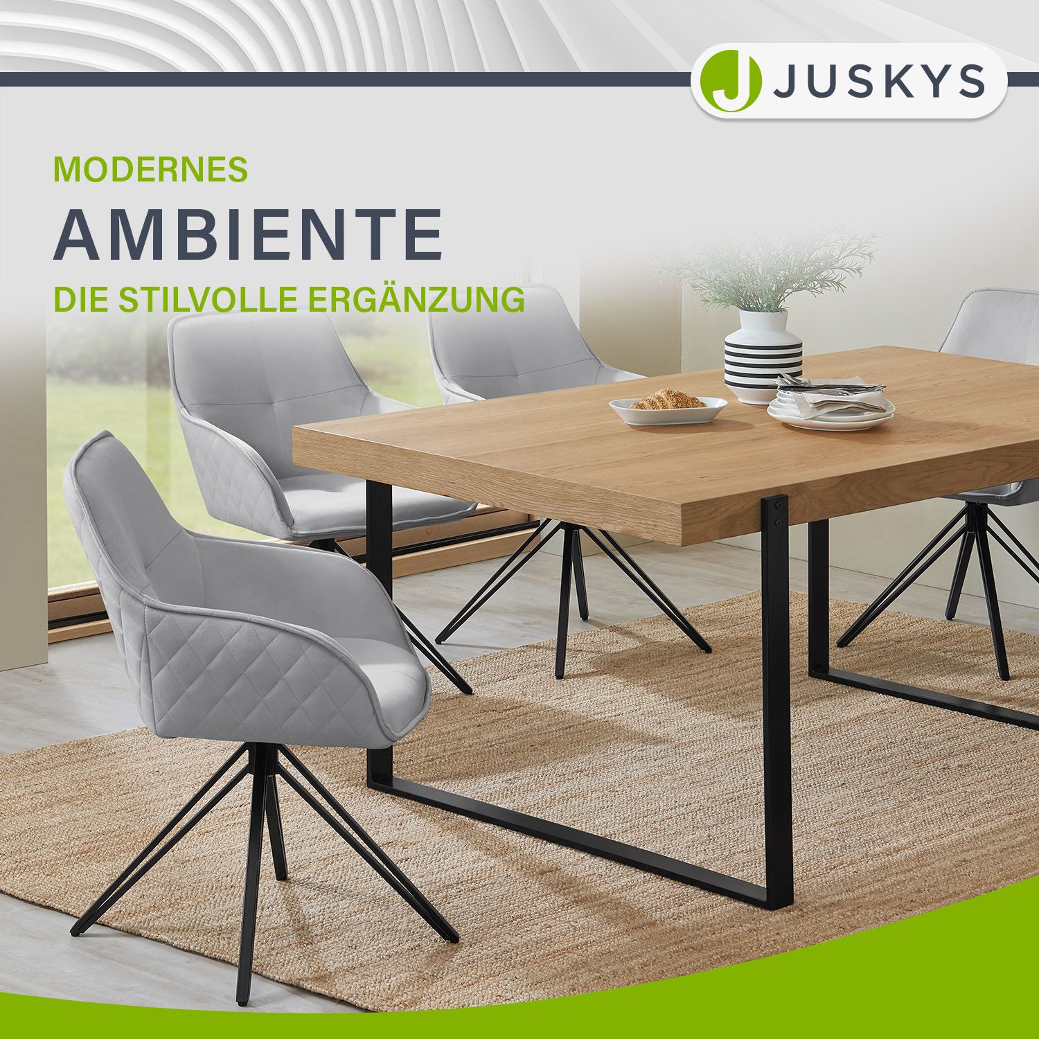 Juskys Drehstuhl Clyde mit Armlehne & Stoff Bezug - Esszimmerstuhl modern - Stuhl Samt Hellgrau
