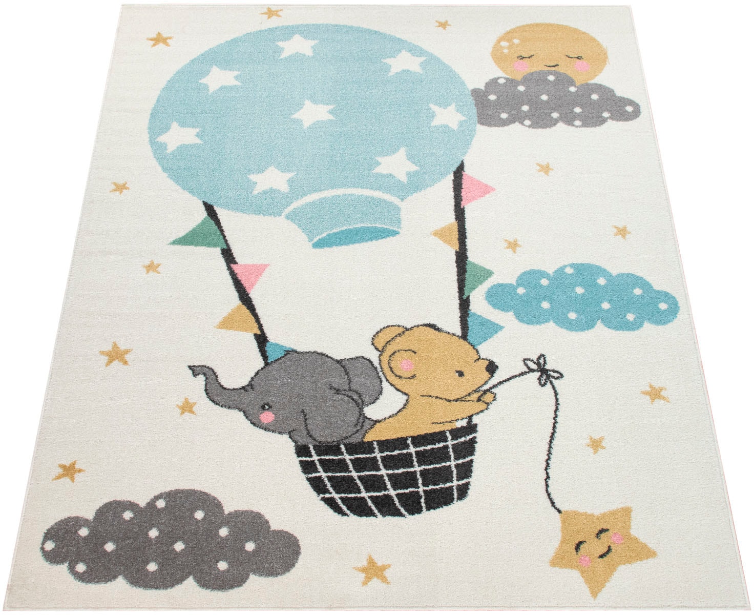 Paco Home Kinderteppich »Nino 883« rechteckig 13 mm Höhe Spielteppich, Kurzflor, Motiv Wolken, Sterne & Tiere, Kinderzimmer