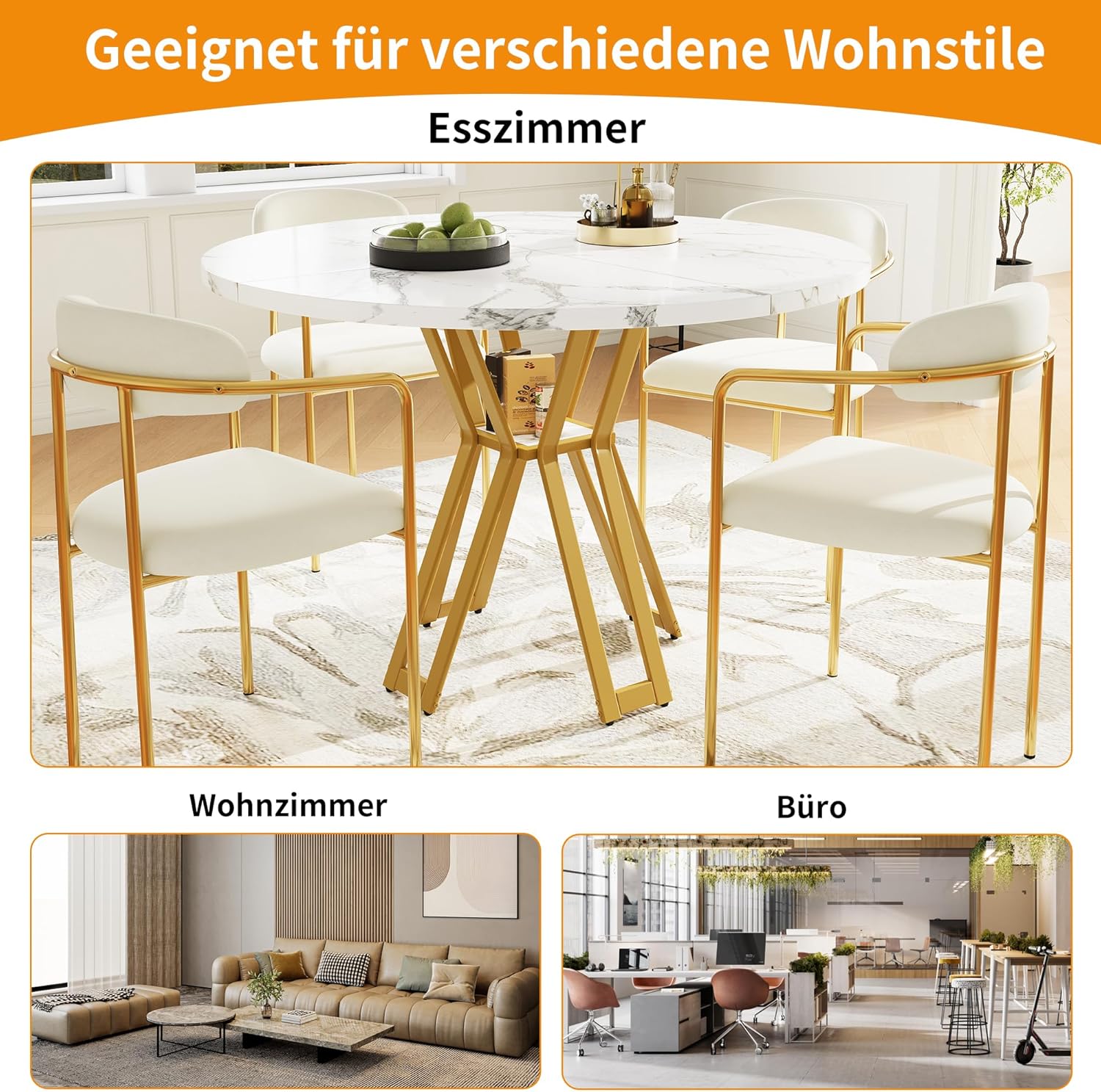 Merax Esstisch Rund, Marmormuster Esstisch Kaffeetisch, für 4-6 Personen, Metallrahmen, verstellbareTischbeine, geeignet für Restaurant,Wohnzimmer,Küche,Esszimmer,Gardn, Weiß/Gold, 100×100×76cm