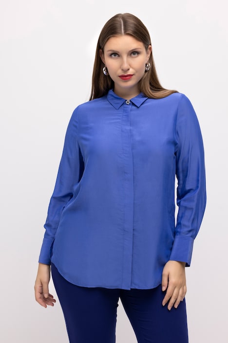 Bluse, Seidenmix, Blütenknopf, Hemdkragen, Langarm