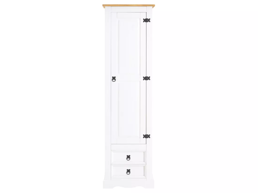 Armoire TEQUILA meuble de rangement avec 7 tablettes derrière 1 porte battante et 2 tiroirs, en pin massif lasuré blanc et brun