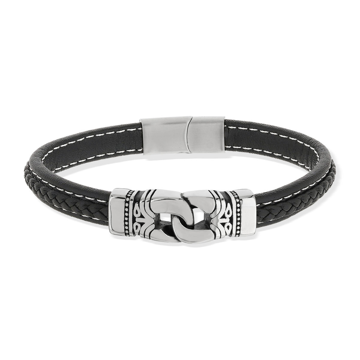 Bracelet cuir noir acier 21 cm