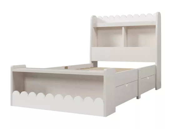 Lit simple enfant 90x200 cm avec tiroirs, étagères et banc avec espace de rangement, blanc + chêne