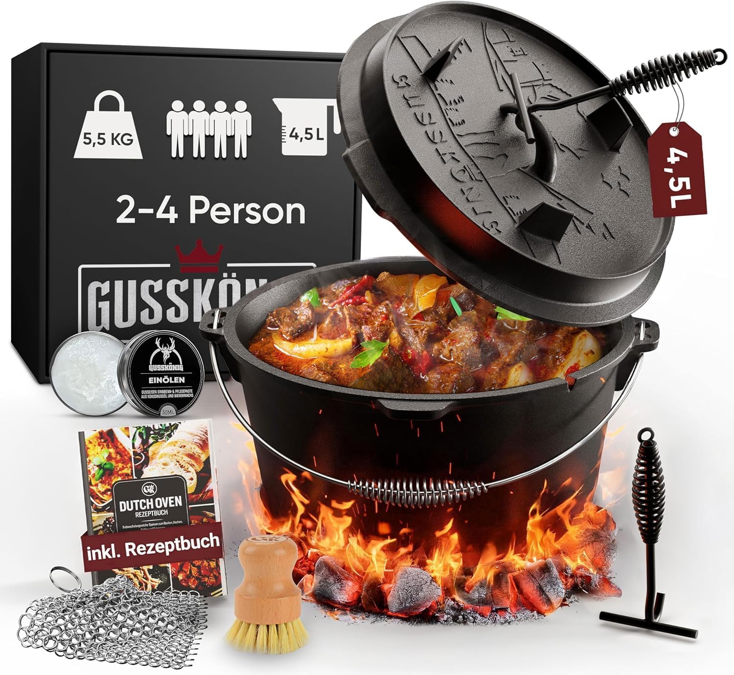 Dutch Oven Set 4,5 Liter [für 2–4 Person] – Eingebrannter Feuertopf mit Füße, inkl. praktischem Deckelheber, Ringreiniger, Pflegepaste, Bürste & Rezeptbuch – 30 Jahre Garantie