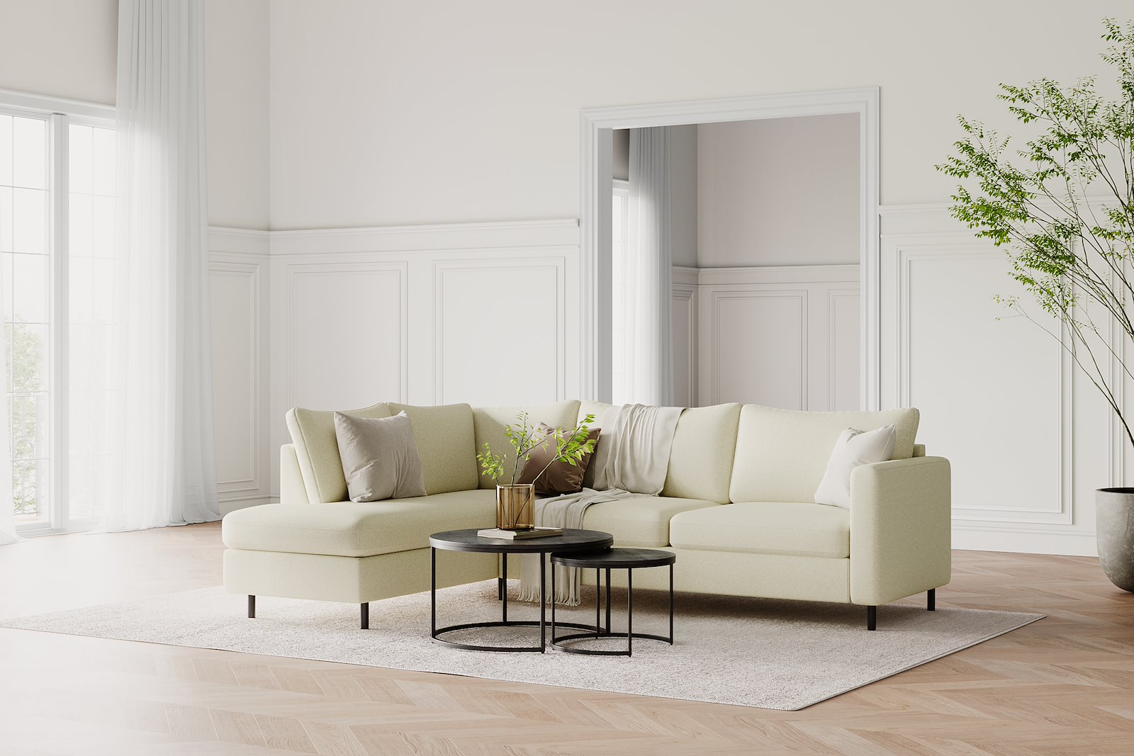 Tempo hjørnesofa Oppsett 11R 3-seter med åpen ende høyre. Tekstil Herbi 50 Beige med sorte ben
