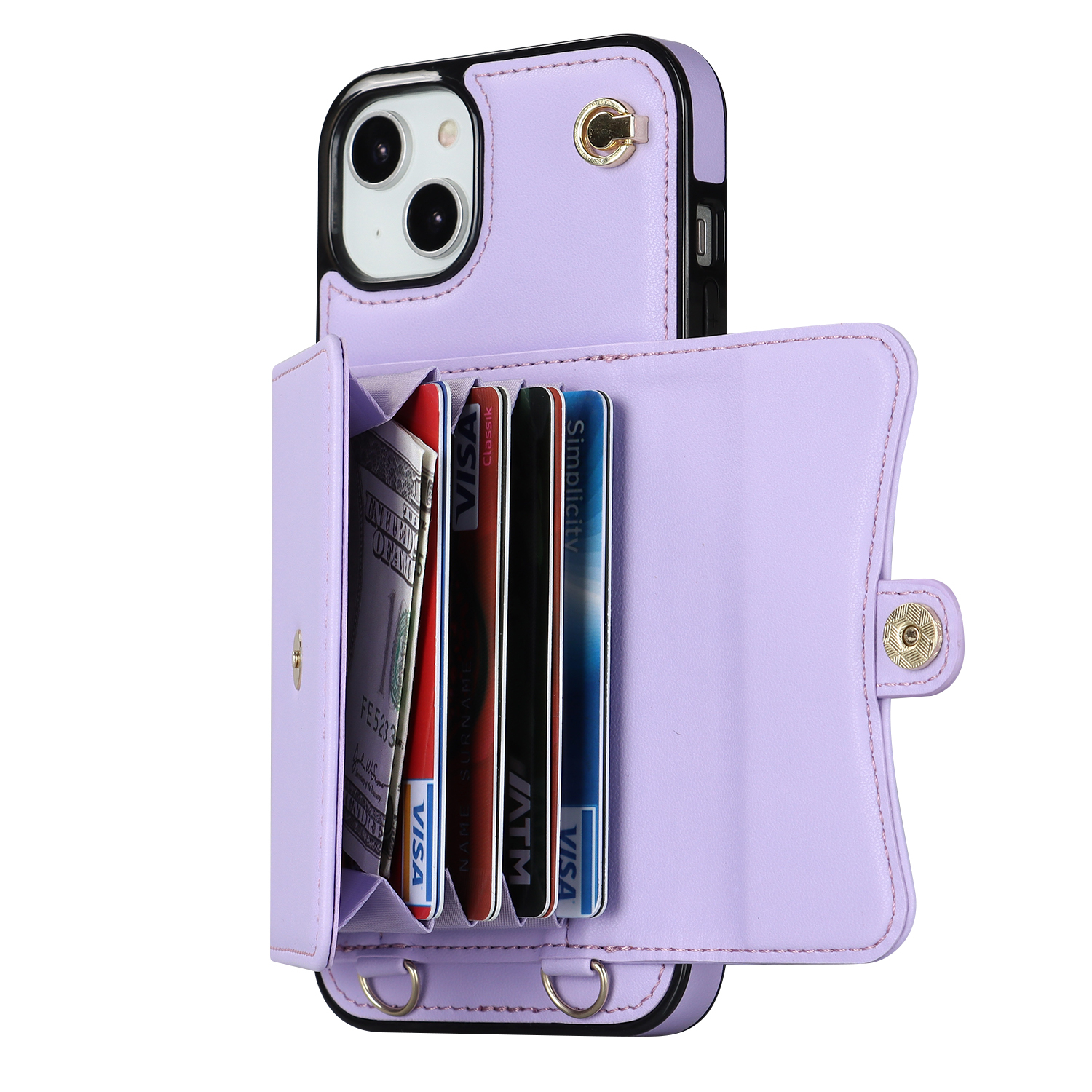iPhone 14 / iPhone 13 Necklace Leder Schutz Hülle mit Kartenfach   Handykette (140cm) - Lila