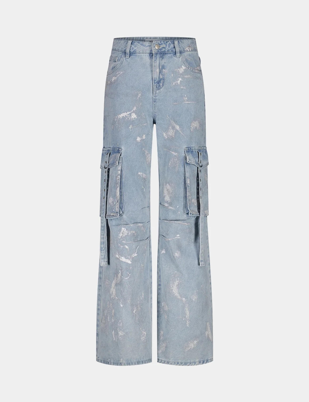 Jean wide leg bleu ciel taille medium avec motifs argenté